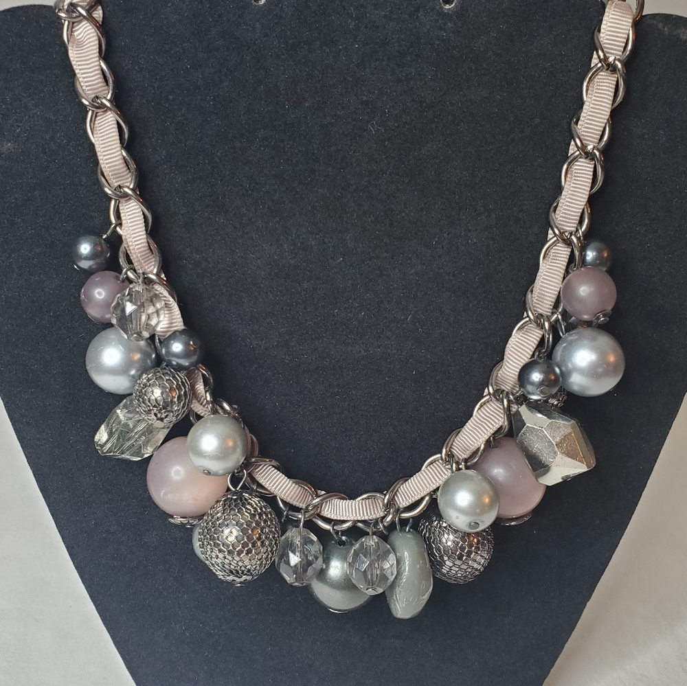 Silver& Purple Faux Pearl Chunky Necklace